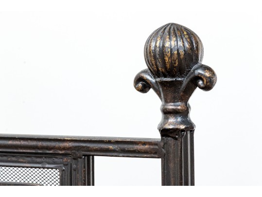 Ornate Black Finished Fire Screen With Doors And Tools