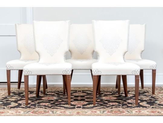 Stylish Set Of Six Upholstered Side Chairs With Sculpted Seat Backs