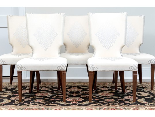 Stylish Set Of Six Upholstered Side Chairs With Sculpted Seat Backs
