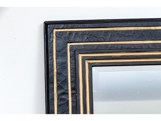 Stylish Pair Of Geometric Striped, Ebonized, And Gilt Finished Mirrors