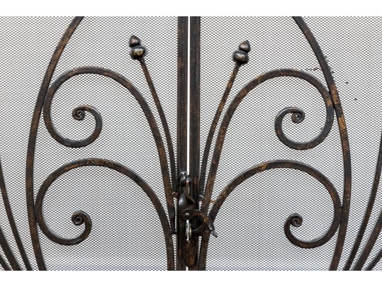 Ornate Black Finished Fire Screen With Doors And Tools