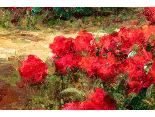 Signed Oil On Canvas, Landscape With Roses And Cyprus Trees