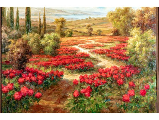 Signed Oil On Canvas, Landscape With Roses And Cyprus Trees