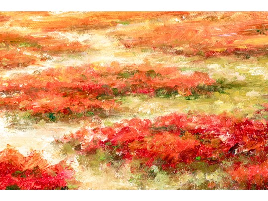 Signed Oil On Canvas, Landscape With Roses And Cyprus Trees