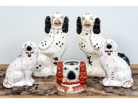 Group Of Staffordshire Hand-painted Ceramic Spaniels With A Compatible Mug