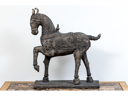 Large And Decorative Sculpture Of A Well Groomed Horse On Base