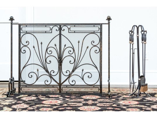 Ornate Black Finished Fire Screen With Doors And Tools