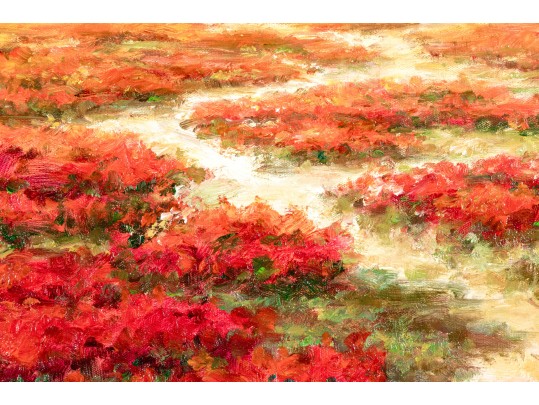 Signed Oil On Canvas, Landscape With Roses And Cyprus Trees