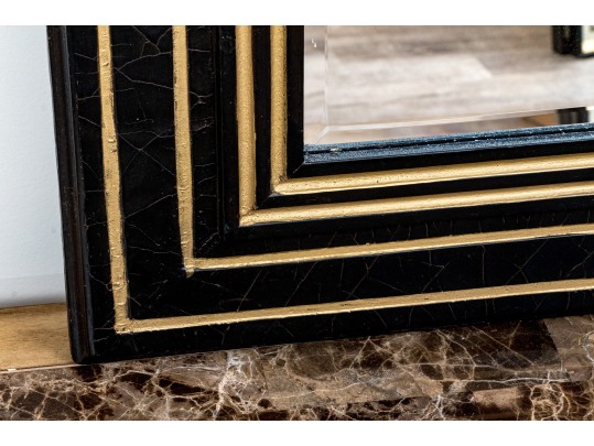 Stylish Pair Of Geometric Striped, Ebonized, And Gilt Finished Mirrors