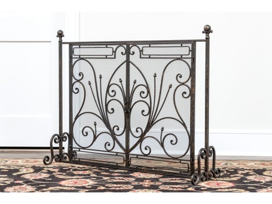 Ornate Black Finished Fire Screen With Doors And Tools