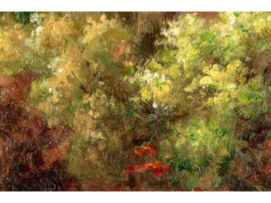 Signed Oil On Canvas, Landscape With Roses And Cyprus Trees