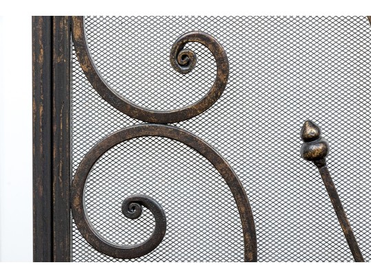 Ornate Black Finished Fire Screen With Doors And Tools