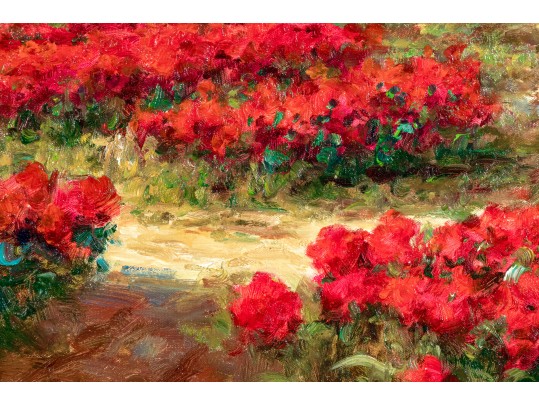 Signed Oil On Canvas, Landscape With Roses And Cyprus Trees