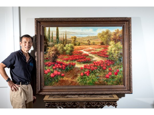 Signed Oil On Canvas, Landscape With Roses And Cyprus Trees