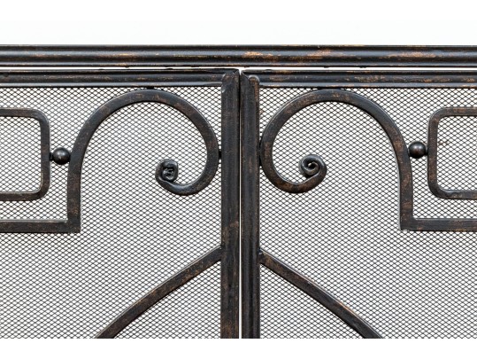Ornate Black Finished Fire Screen With Doors And Tools