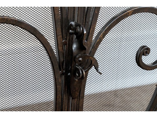 Ornate Black Finished Fire Screen With Doors And Tools
