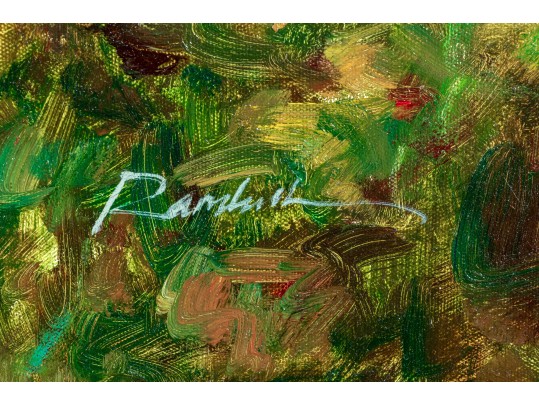 Signed Oil On Canvas, Landscape With Roses And Cyprus Trees