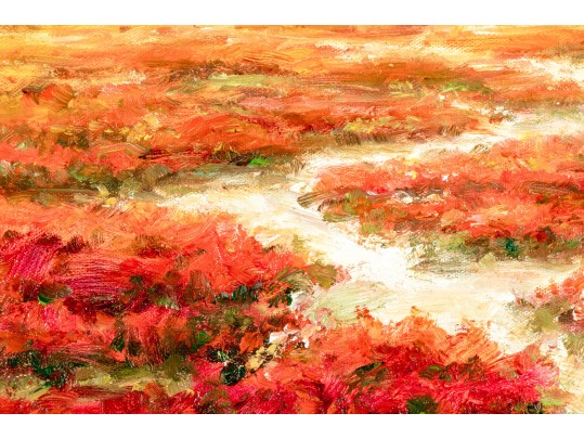 Signed Oil On Canvas, Landscape With Roses And Cyprus Trees