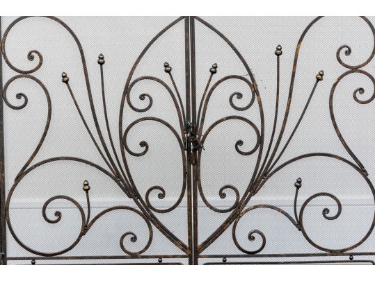 Ornate Black Finished Fire Screen With Doors And Tools