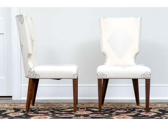 Stylish Set Of Six Upholstered Side Chairs With Sculpted Seat Backs