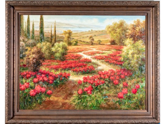 Signed Oil On Canvas, Landscape With Roses And Cyprus Trees