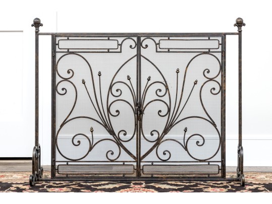 Ornate Black Finished Fire Screen With Doors And Tools