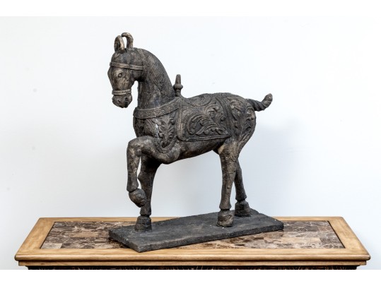 Large And Decorative Sculpture Of A Well Groomed Horse On Base