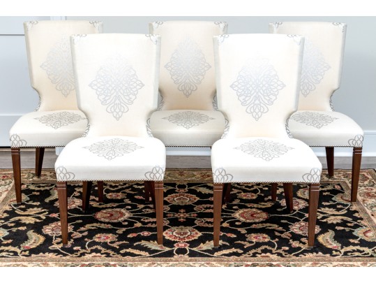Stylish Set Of Six Upholstered Side Chairs With Sculpted Seat Backs
