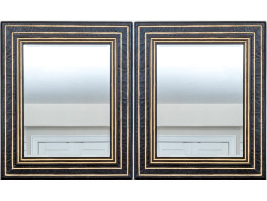 Stylish Pair Of Geometric Striped, Ebonized, And Gilt Finished Mirrors
