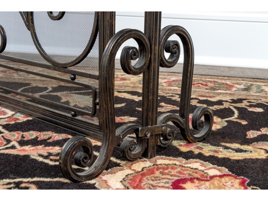 Ornate Black Finished Fire Screen With Doors And Tools