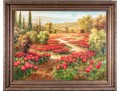 Signed Oil On Canvas, Landscape With Roses And Cyprus Trees