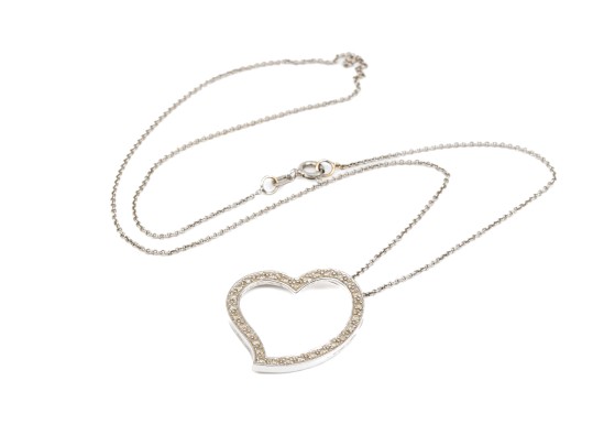 14k White Gold Large Open Diamond Heart Pendant, App. 0.07 TCW, With Chain