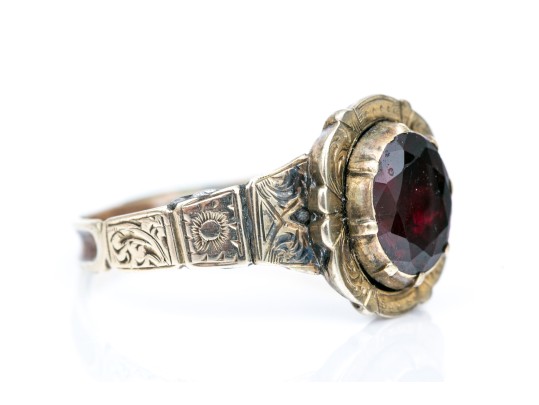14k Gold And Gold Filled Antique Chased Foil Backed Garnet Ring, Size 8