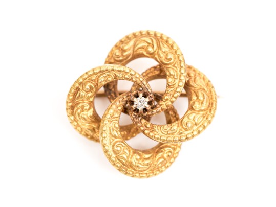 14k Yellow Gold Pretty Antique Knot Motif Brooch, With A Center White Sapphire