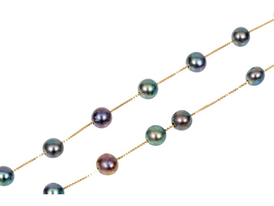 14k Yellow Gold Elegant Black Cultured Freshwater Pearl Tin Cup Style Necklace