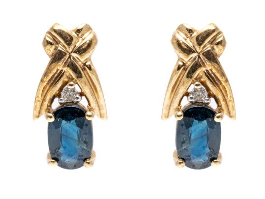 10k Yellow Gold Blue Sapphire Earrings, App. 1.06 TCW, Topped With White Sapphires