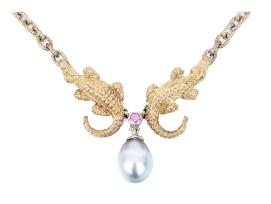 Sterling Silver Fabulous Chain Necklace With 14k Alligator, Pink Sapphire And Cultured Pearl Center