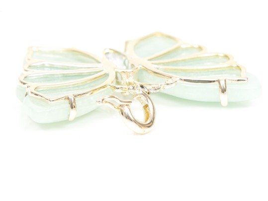 Sterling Silver Bold Striking Green Chalcedony Carved Butterfly And Leather Cord Necklace
