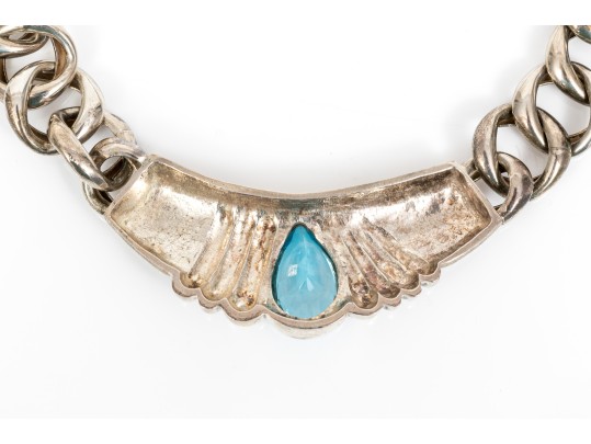 Sterling Silver Stunning Heavy Blue Topaz Centered Open Link Necklace
