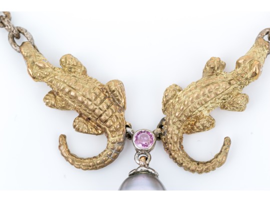 Sterling Silver Fabulous Chain Necklace With 14k Alligator, Pink Sapphire And Cultured Pearl Center
