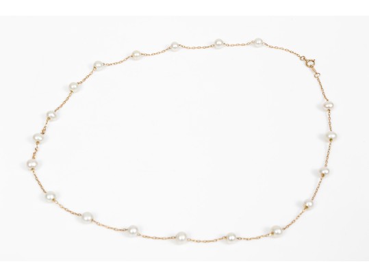 14k Yellow Gold Pretty Cultured White Freshwater Pearl Tin Cup Style Necklace