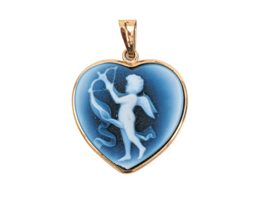 Interesting 14K Heart Form Blue Cherub Cameo Pendant