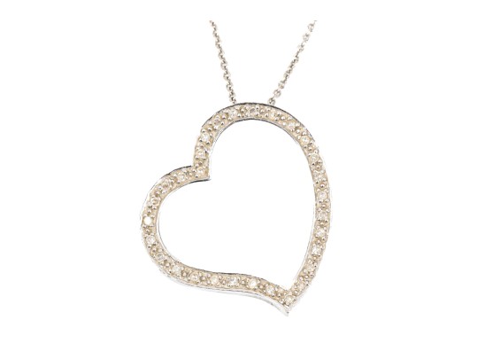 14k White Gold Large Open Diamond Heart Pendant, App. 0.07 TCW, With Chain
