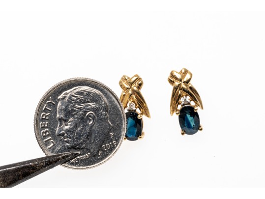 10k Yellow Gold Blue Sapphire Earrings, App. 1.06 TCW, Topped With White Sapphires