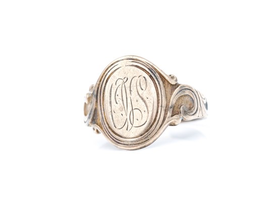 14k Gold Antique Scroll Edged Signet Ring, Monogrammed, Size 6.25