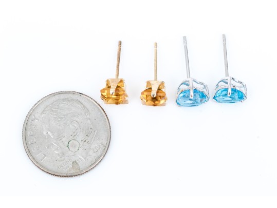 14k Gold Collection Of Delicate Stud Earrings, Citrine And Blue Topaz Set