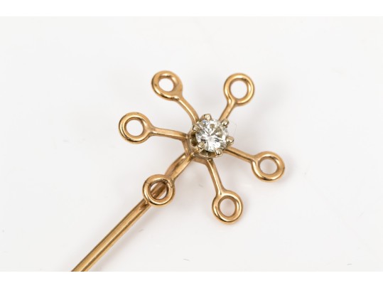 14k Yellow Gold Collection Of Three Vintage Stick Pins, Diamond And Cultured Pearl Motifs