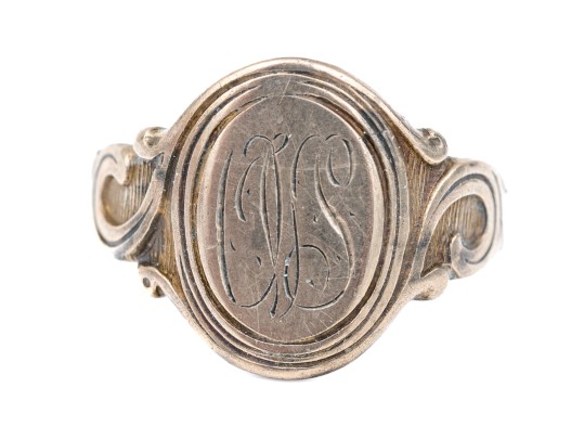 14k Gold Antique Scroll Edged Signet Ring, Monogrammed, Size 6.25