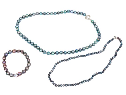 Striking Lot Of Two Cultured Black Freshwater Pearl Necklaces, And Bracelet