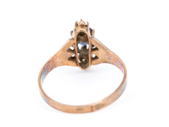 14k Gold Lovely Antique Seed Pearl And Blue Glass Ring, Size 6.5